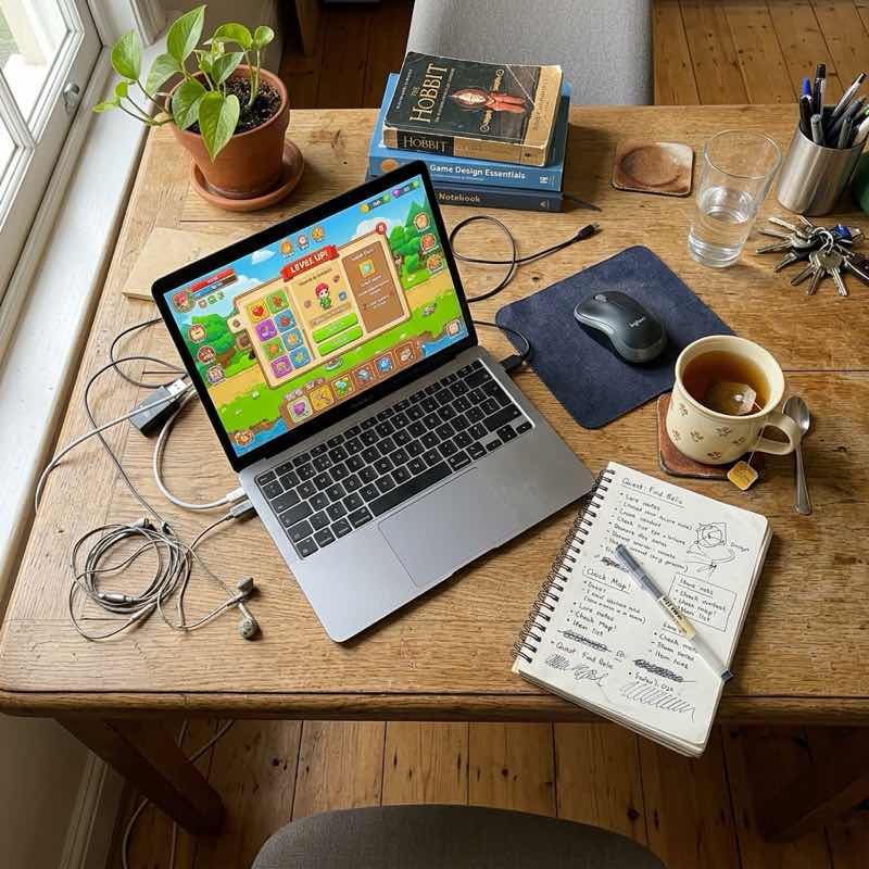 A laptop on a desk showing a social casino game