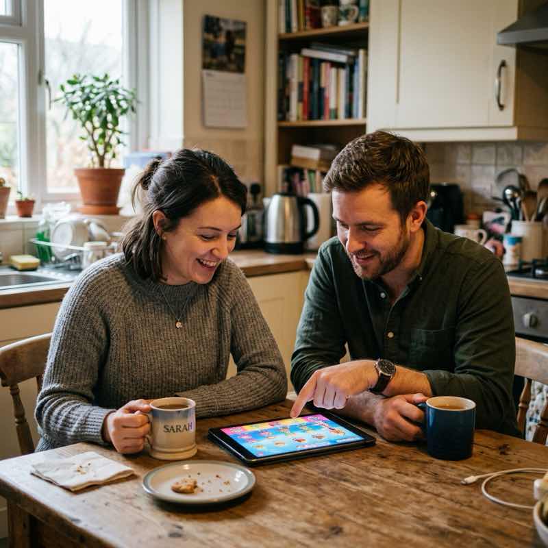 Two friends playing a social casino game on a tablet