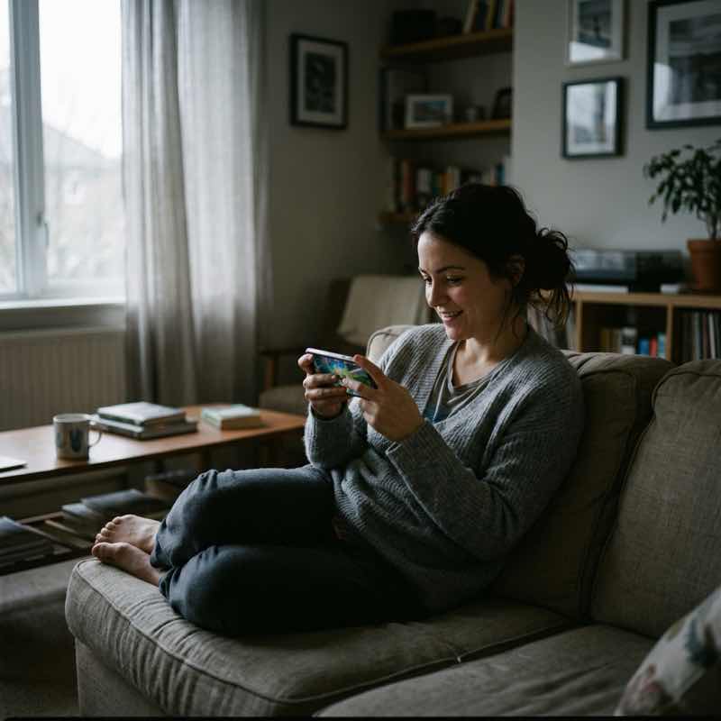 A person relaxing on a sofa playing a mobile game